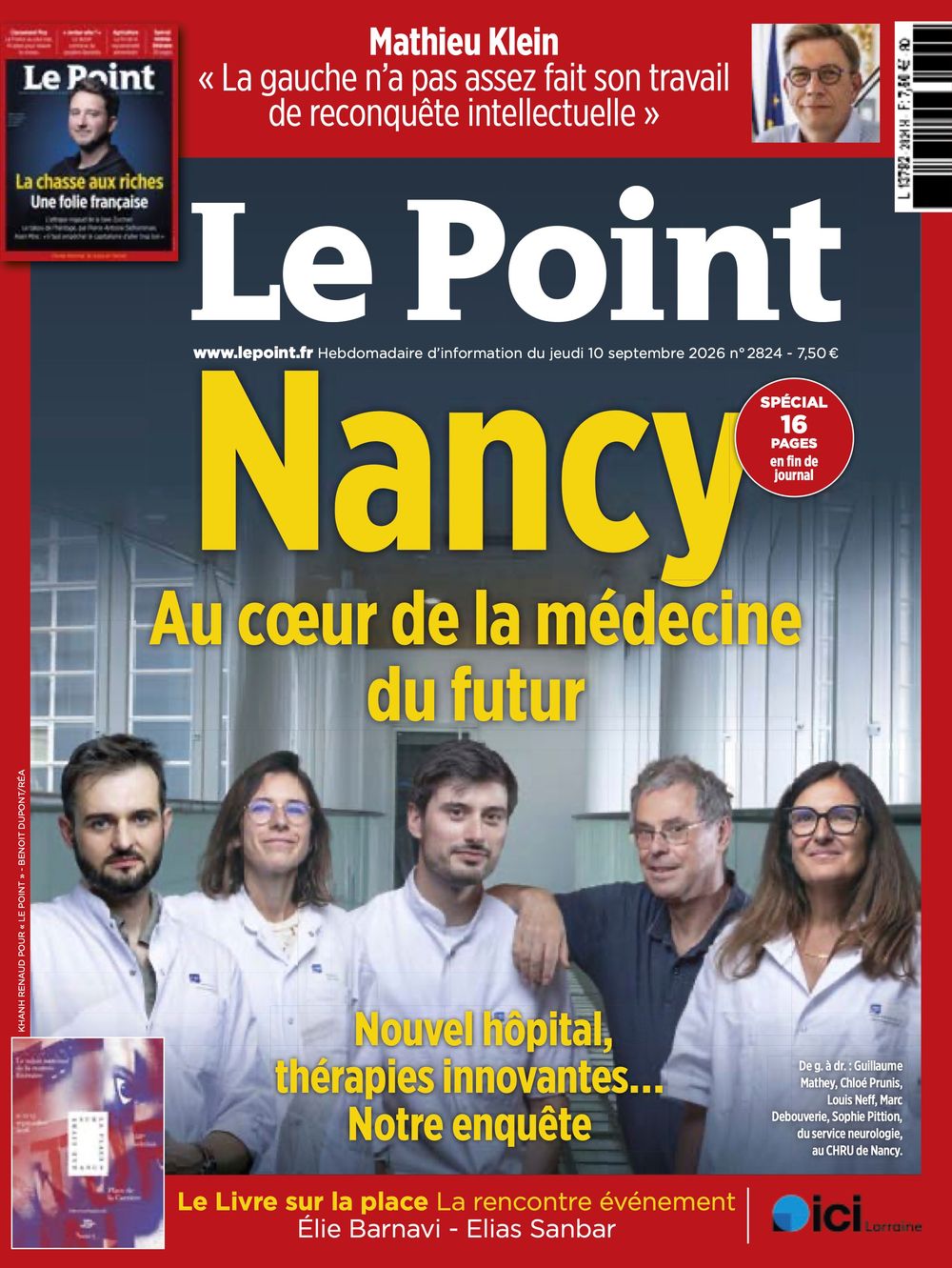 Le Point magazine cover featuring Nancy city special edition on the future of medicine, with medical professionals in white lab coats.