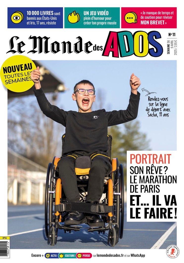 Le Monde des Ados magazine cover featuring an enthusiastic wheelchair athlete with a story about the Paris Marathon.