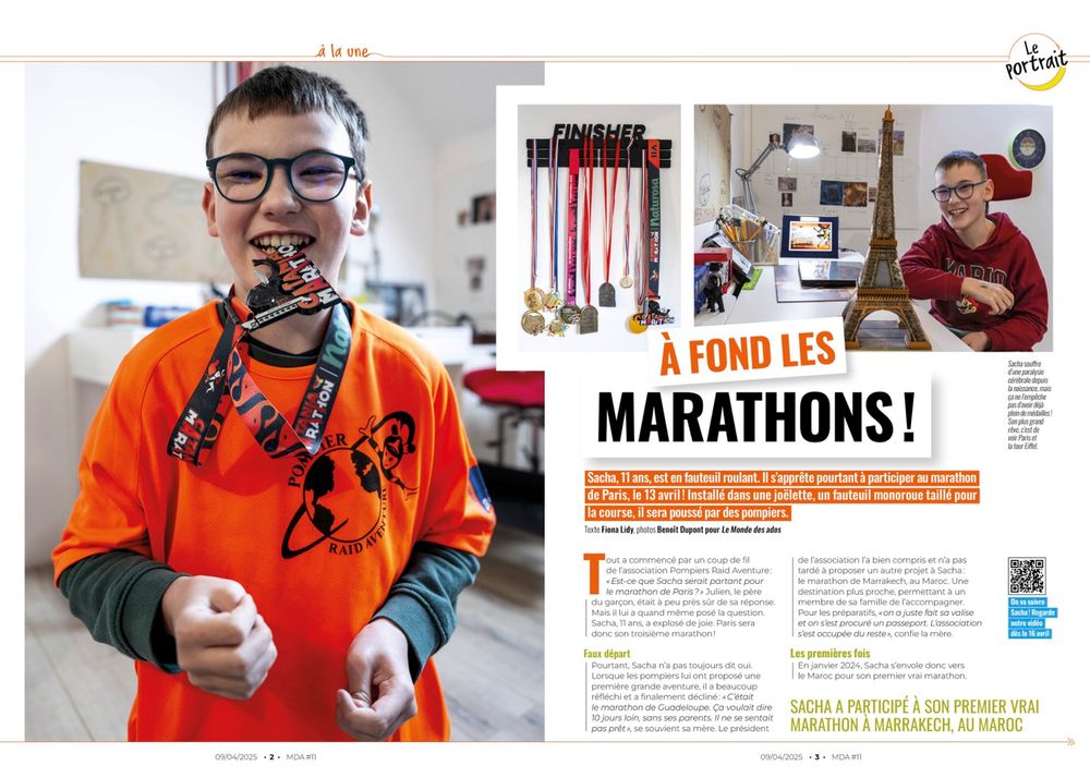 Magazine spread showing an article about marathons with an orange-clad runner holding medals next to text layout.