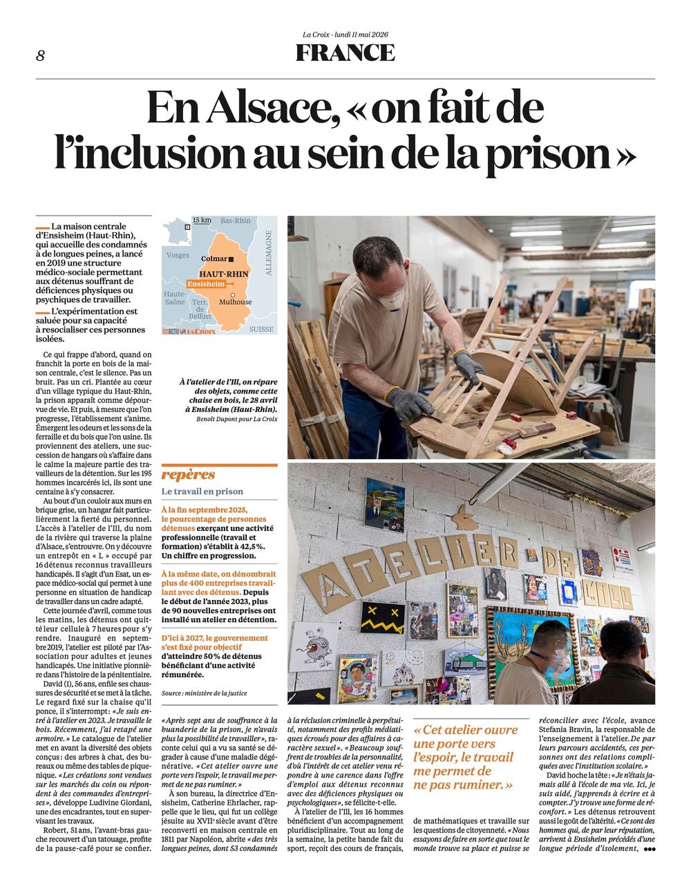 Inmates work on woodworking projects in a French prison workshop, part of an inclusion program in Alsace.