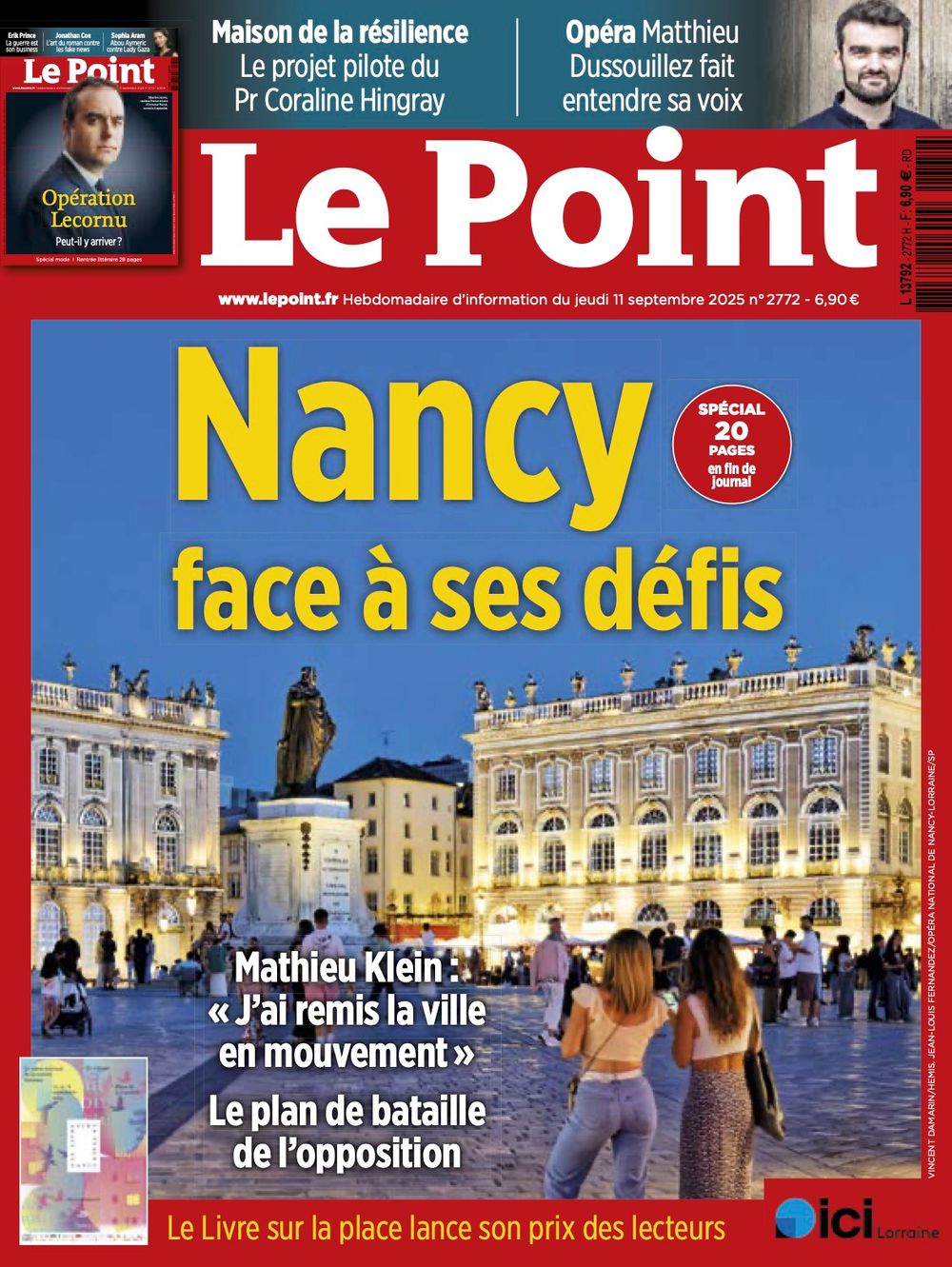 Front cover montage of Le Point magazine featuring Place Stanislas in Nancy, France with its iconic golden gates and architecture.