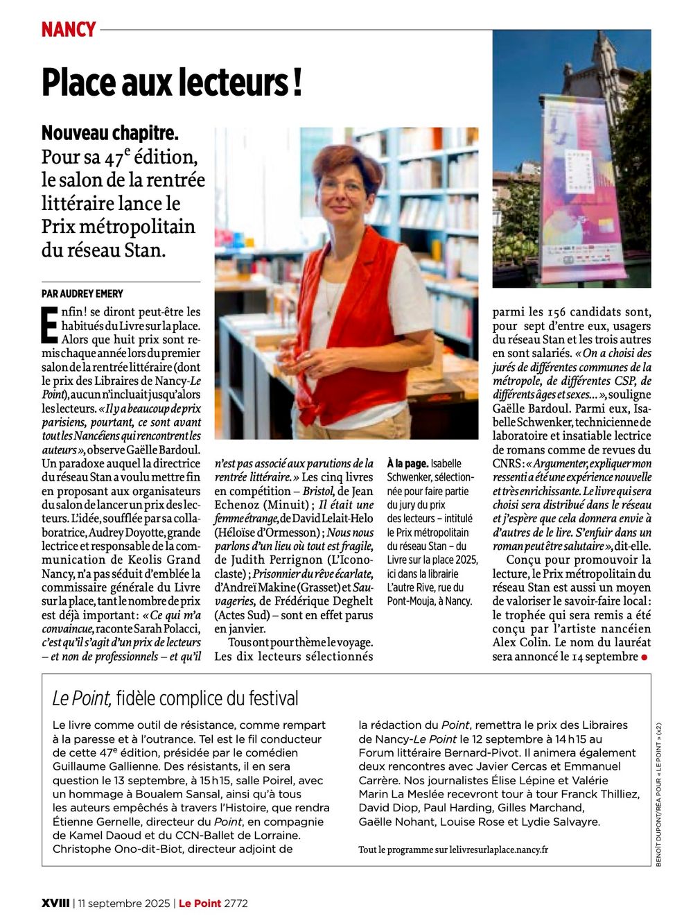Colorful magazine spread with multiple photos and text columns featuring reader-focused content and library events.
