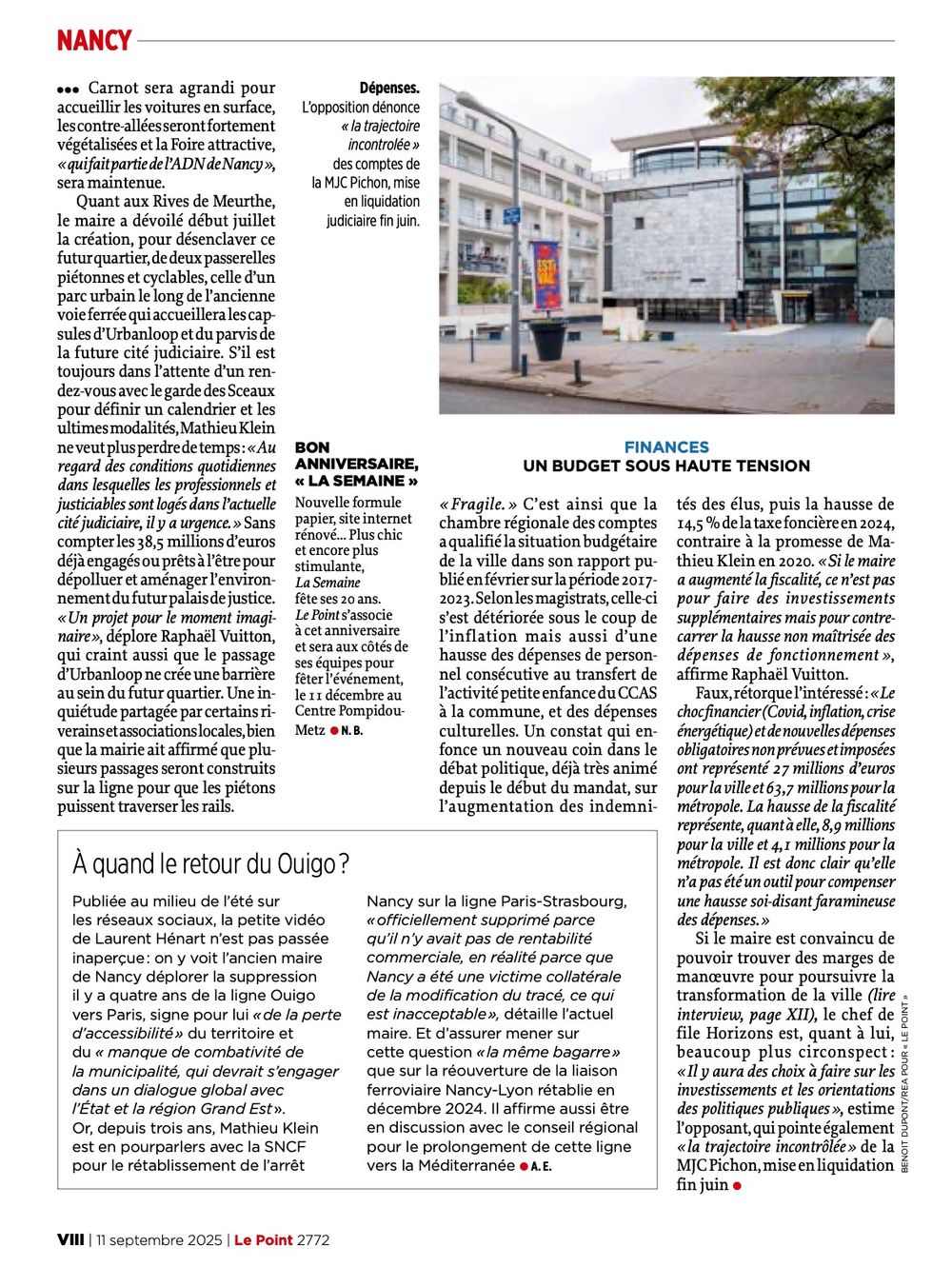 A magazine article layout featuring a large news story with multiple columns of text and small architectural images.