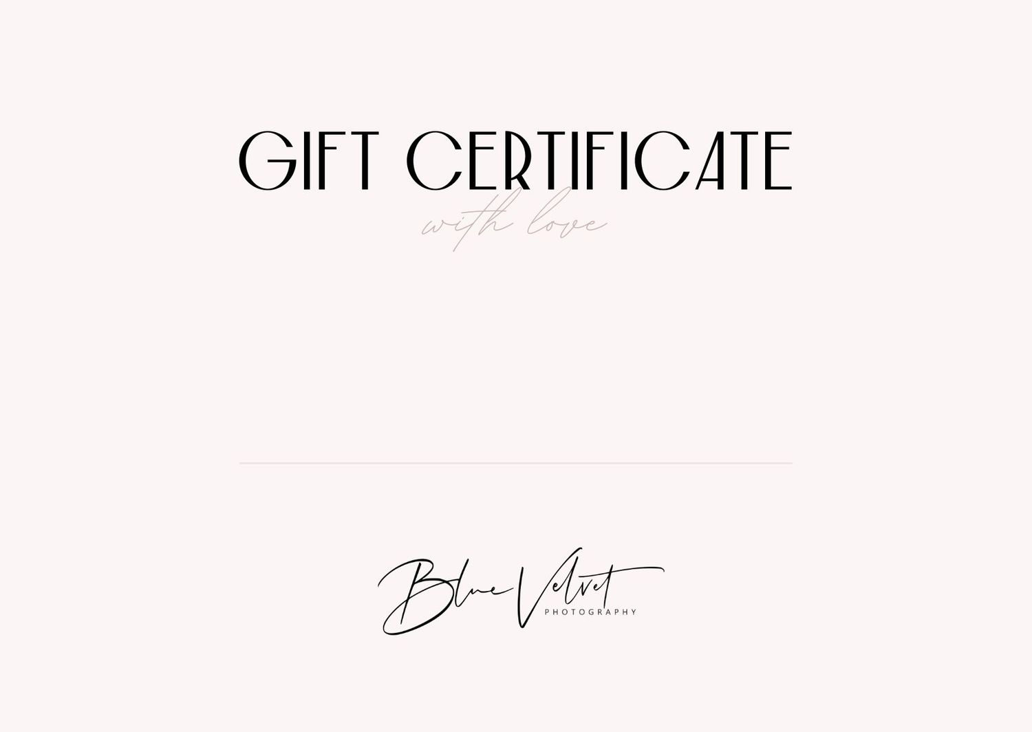 A minimalist gift certificate design with elegant text and signature on white background.