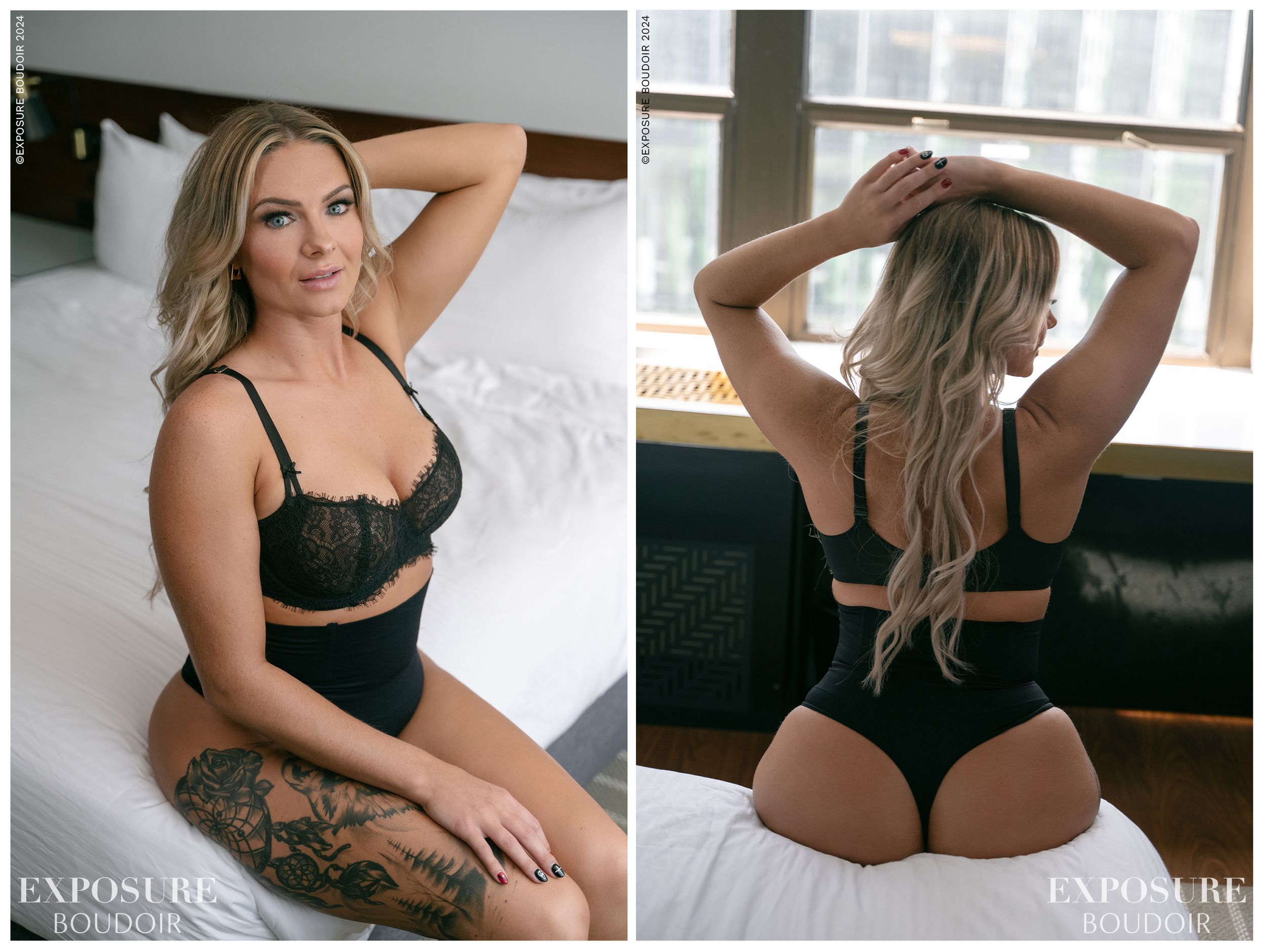 A feminine figure in black lingerie poses gracefully in natural window light creating an intimate boudoir aesthetic.