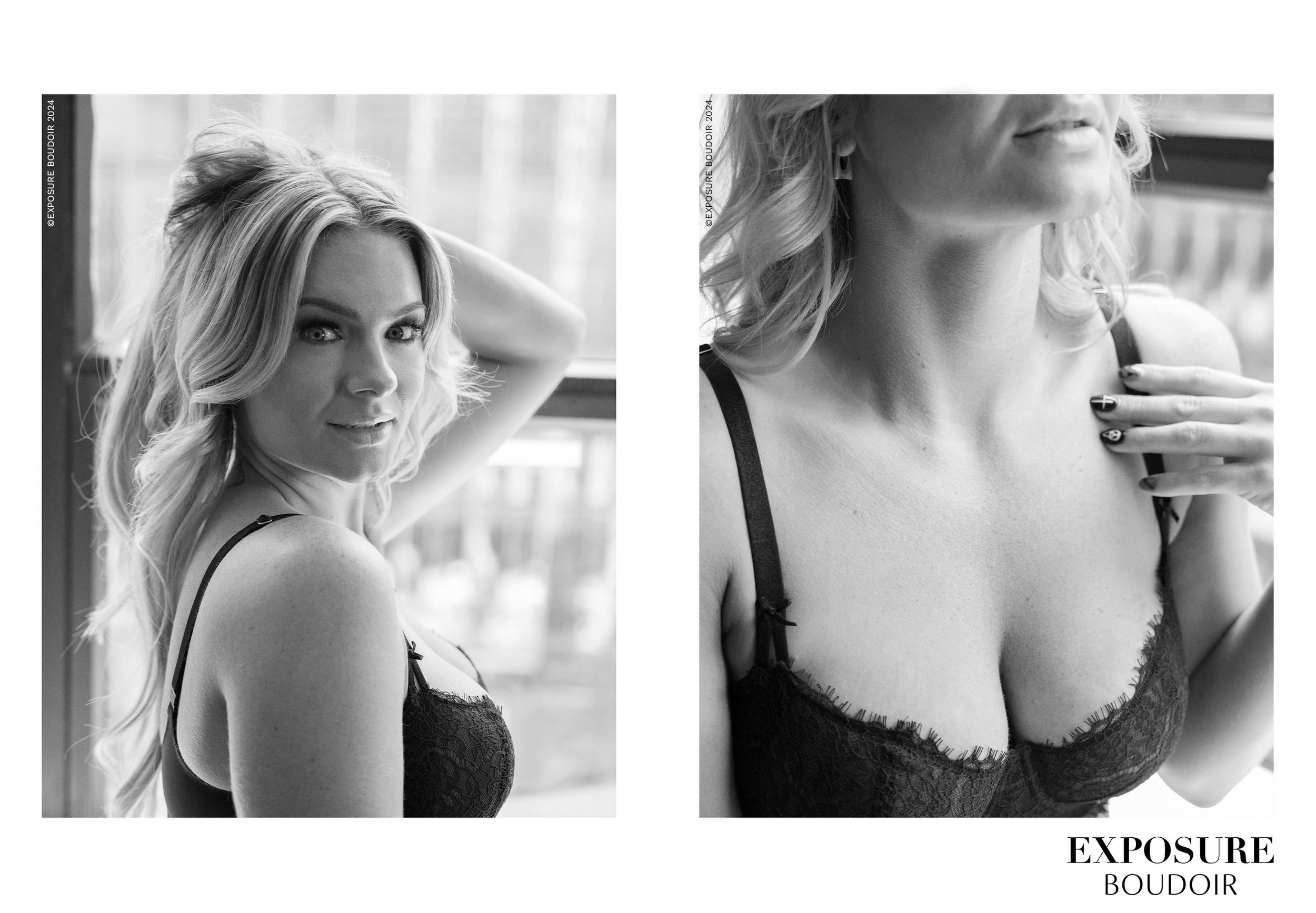 Two artistic black and white fashion photographs of a woman in lingerie pose against blurred interior backgrounds.