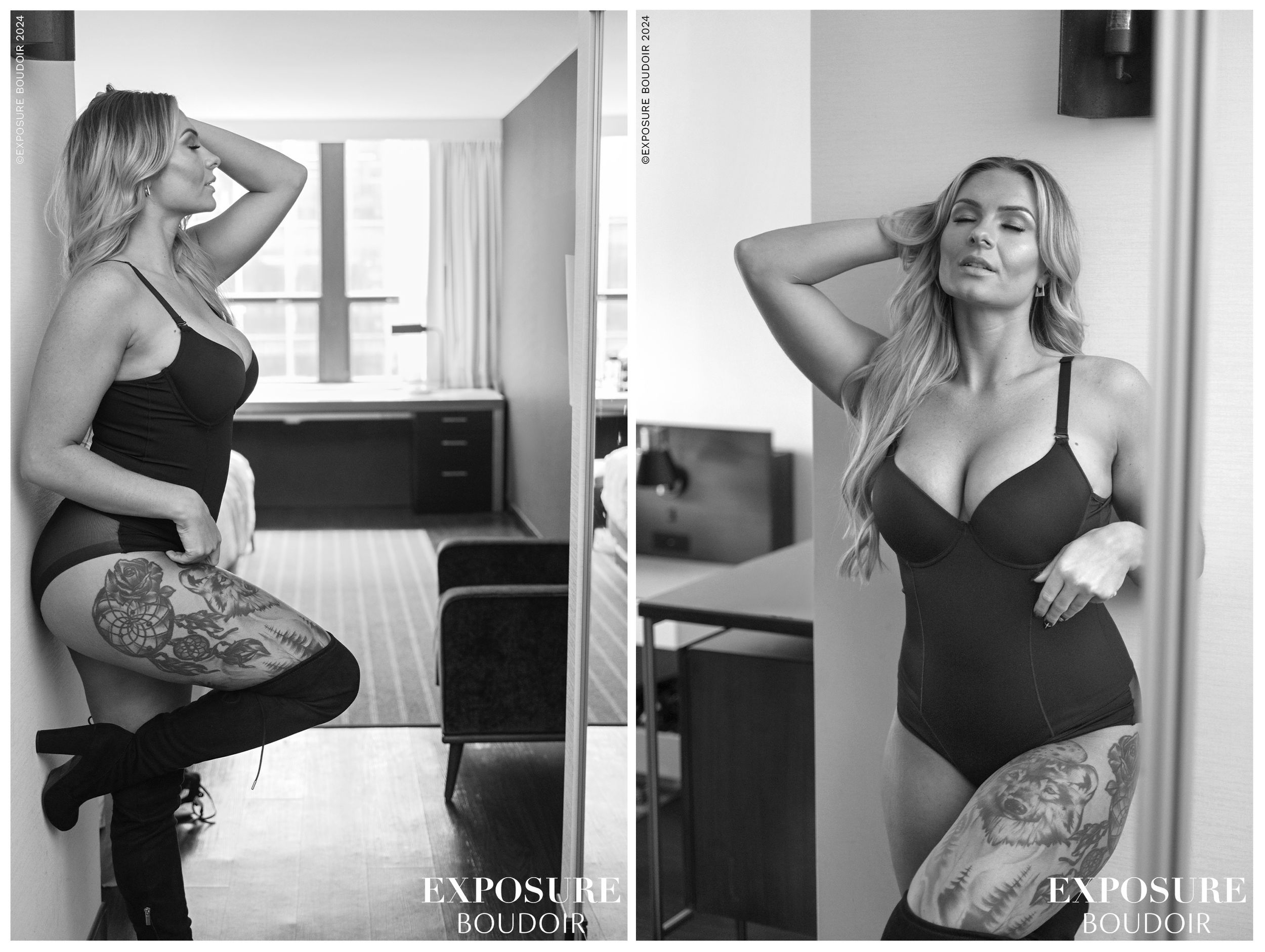 Black and white stylish boudoir photography session featuring two artistic poses in a modern interior setting.