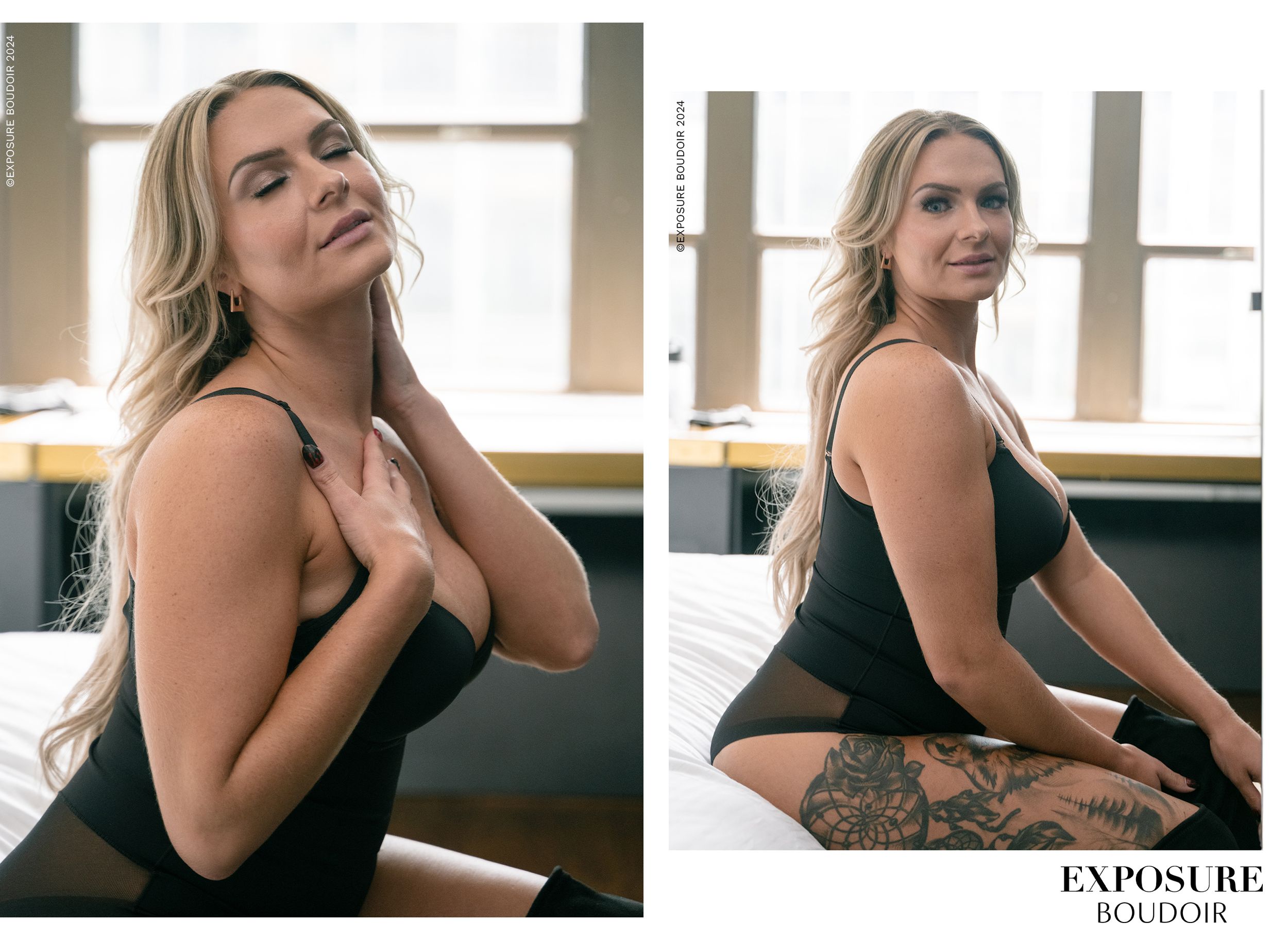 A glamorous boudoir photoshoot featuring two artistic poses in black lingerie against natural window light.