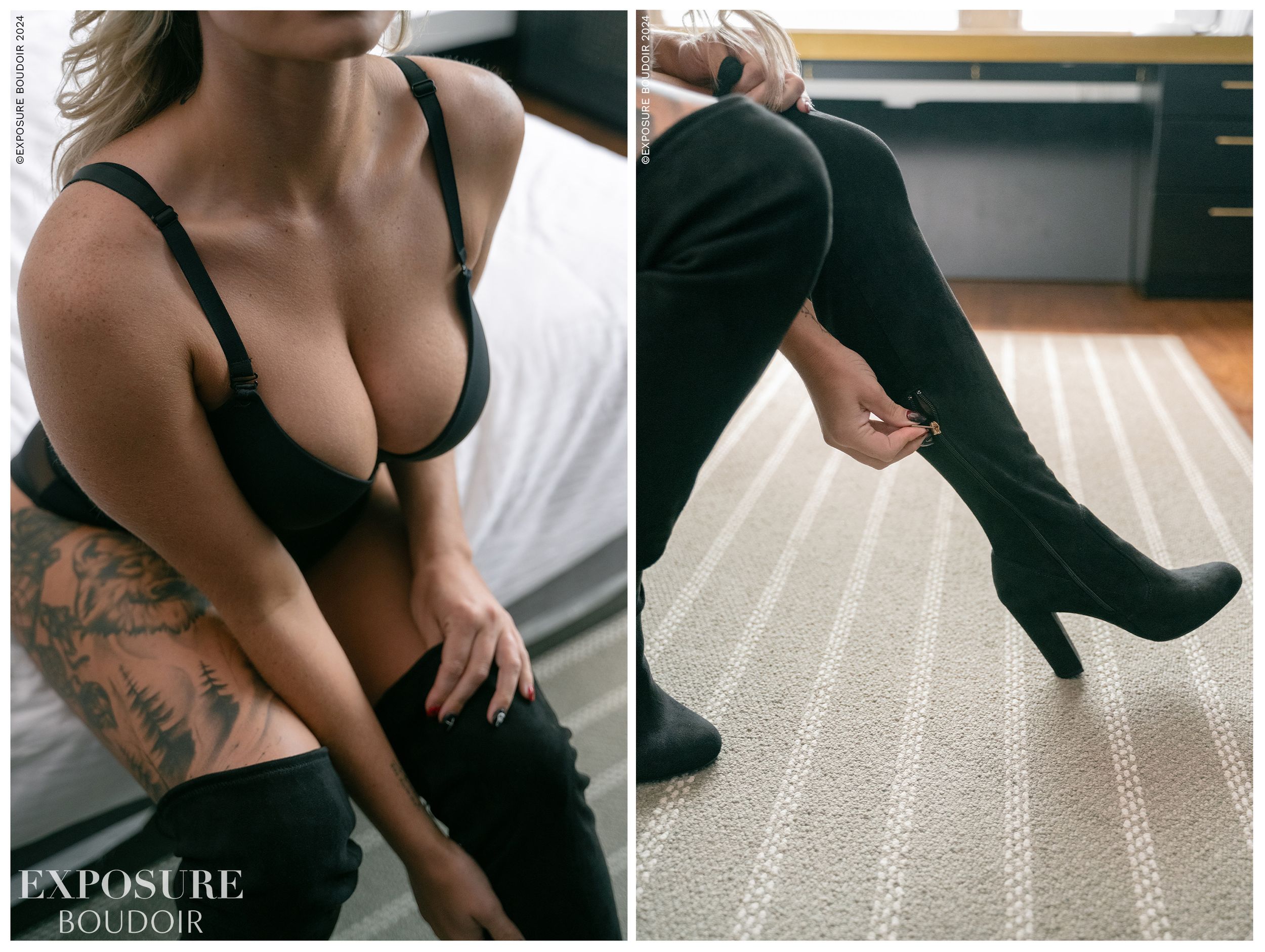 A person wearing all black poses on a cream colored carpet in over-the-knee boots with a visible tattoo.