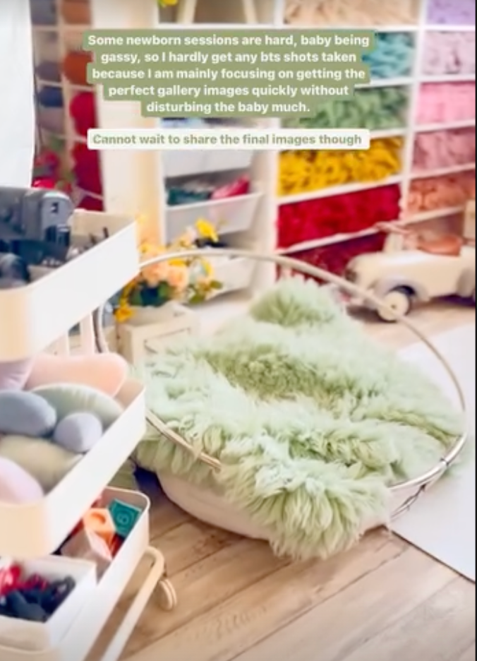 Photography setup with green fuzzy prop and colorful elements in studio setting.