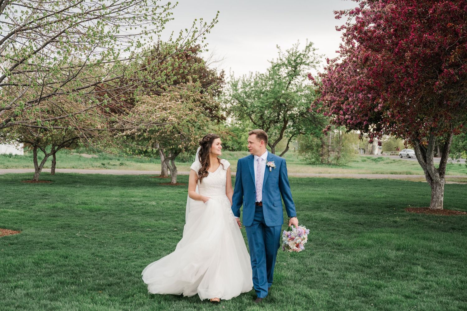 Newlyweds walking on green lawn with blooming spring trees in background.