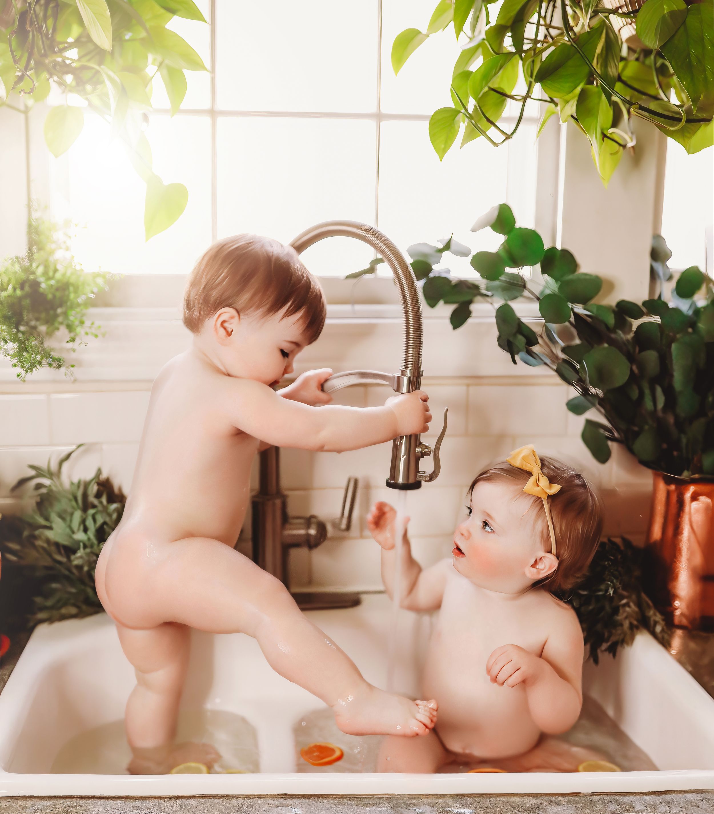 Two babies play together in a kitchen sink surrounded by houseplants and natural light.