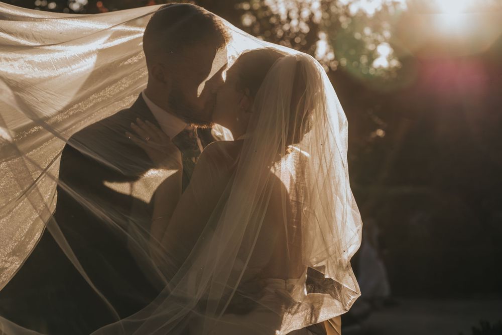 Golden sunset light illuminates a romantic wedding moment with flowing veil in silhouette against backlit trees.