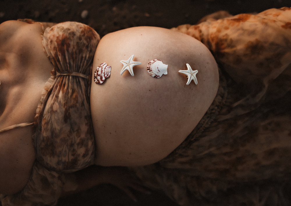 Pregnant belly with seashells and starfish arranged on it, lying on a brown fur blanket in a maternity photoshoot.