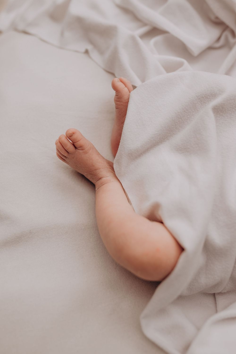 Close-up of tiny baby feet wrapped in soft white blanket.