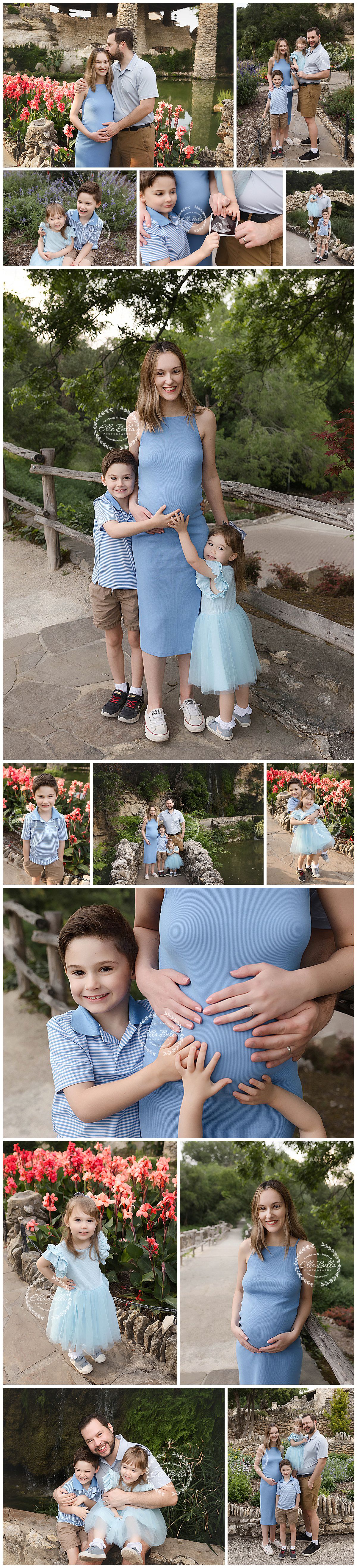 Family maternity photo session in garden with stone walls and pink flowers.