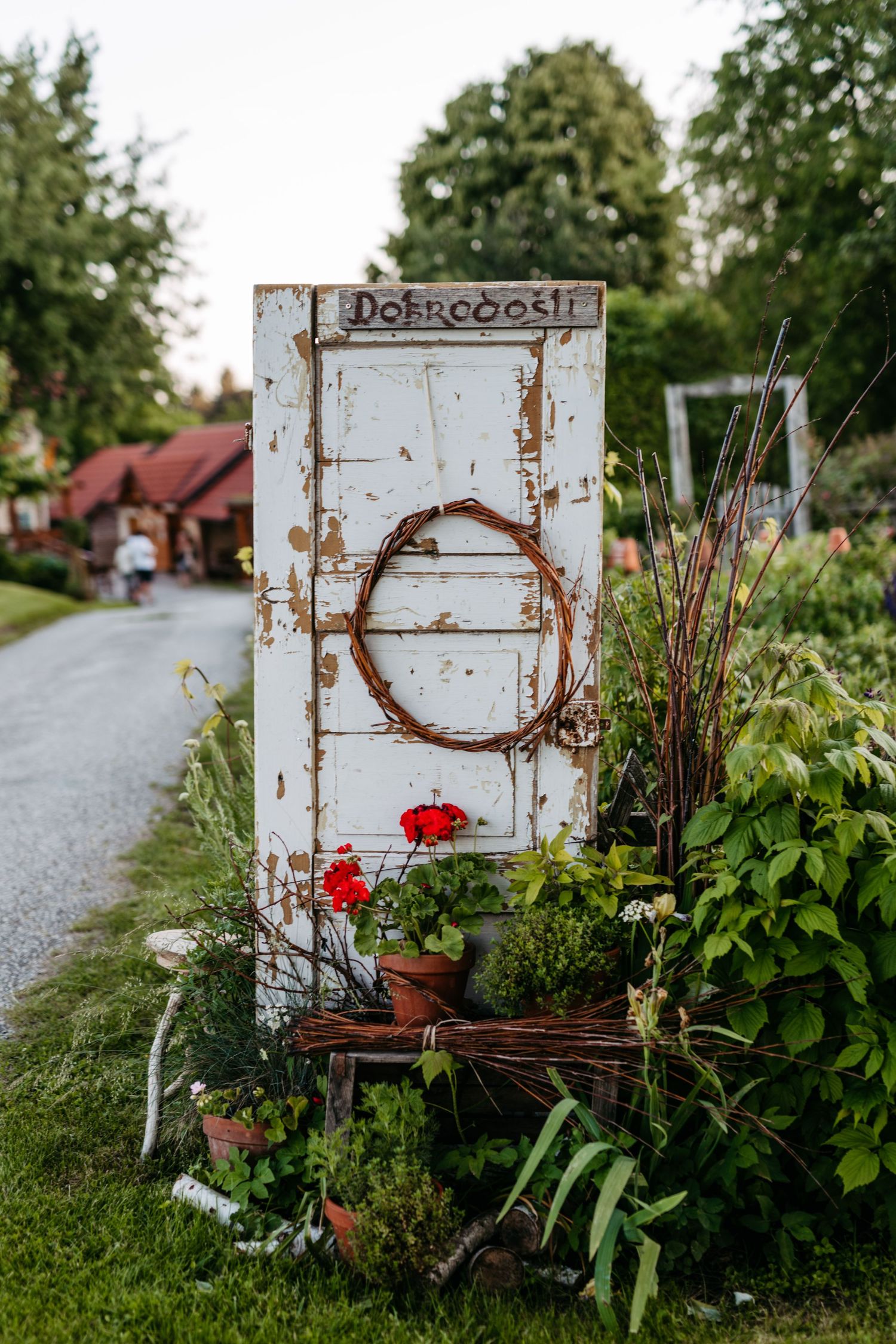 Rustic vintage door decorated with red flowers and Welcome sign along country road.