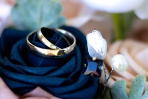 Gold wedding rings nestled on a dark blue rose with small white flowers.