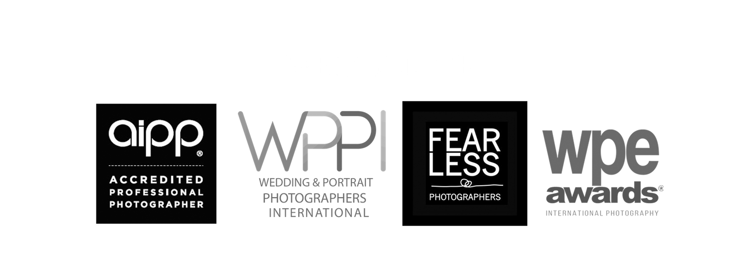 Professional photography association logos including AIPP, WPPI, Fearless Photographers, and WPE Awards certifications.
