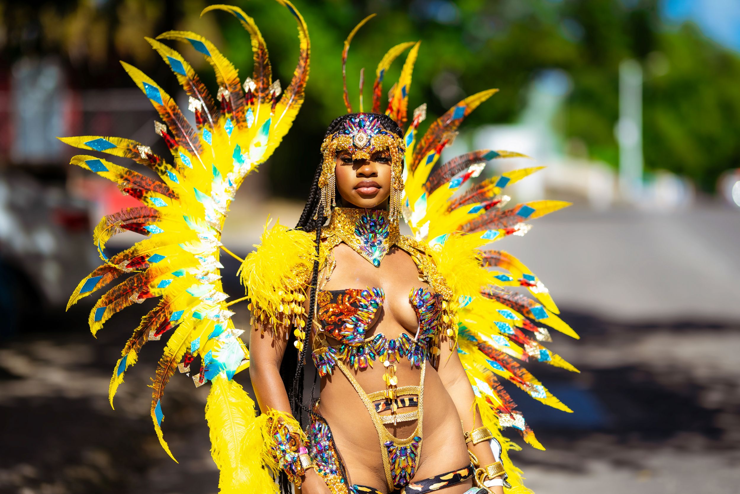 Carnival queen portrait in yellow — luxury festival photo by Timoy B Photography.