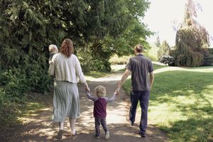 Photo of family walking away from camera.