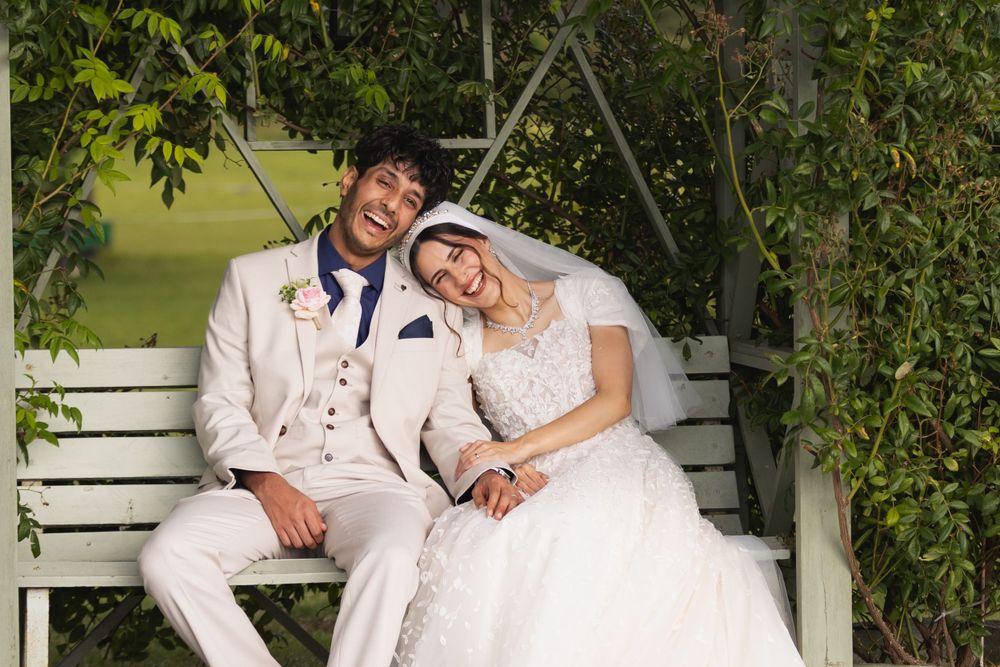 Wedding couple on garden seat, The Beaverwood