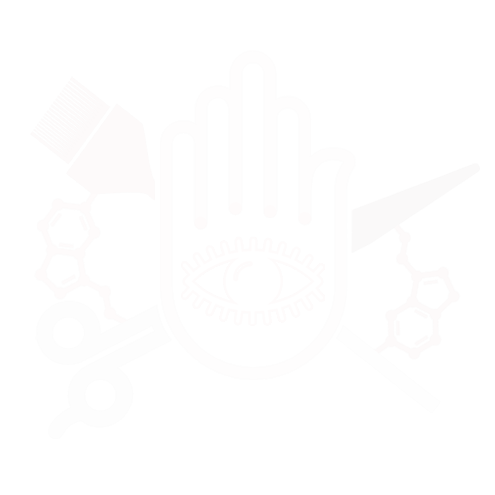 My logo. A hamsa symbol with a hair coloring brush and a pair of sheer sorrounded by serotonin particles.