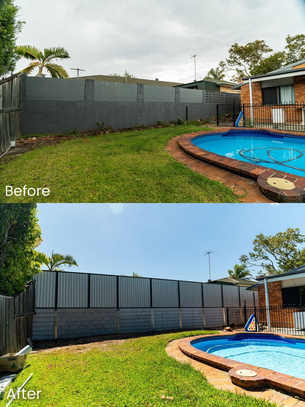 Before and after photos showing installation of dark gray privacy fencing around a backyard pool and grassy area.