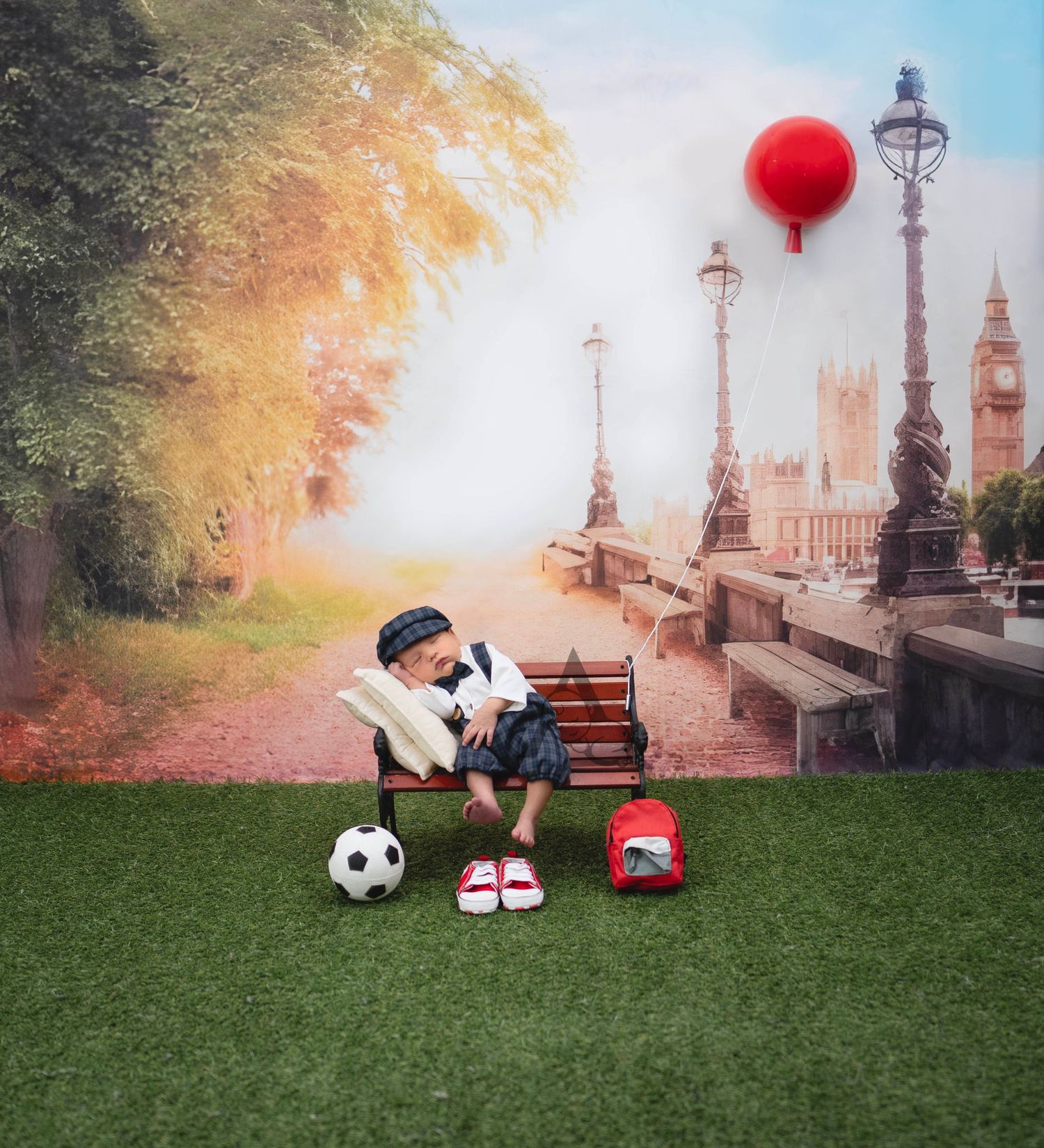 Dreamy park scene with red balloon, bench, soccer ball and autumn trees.
