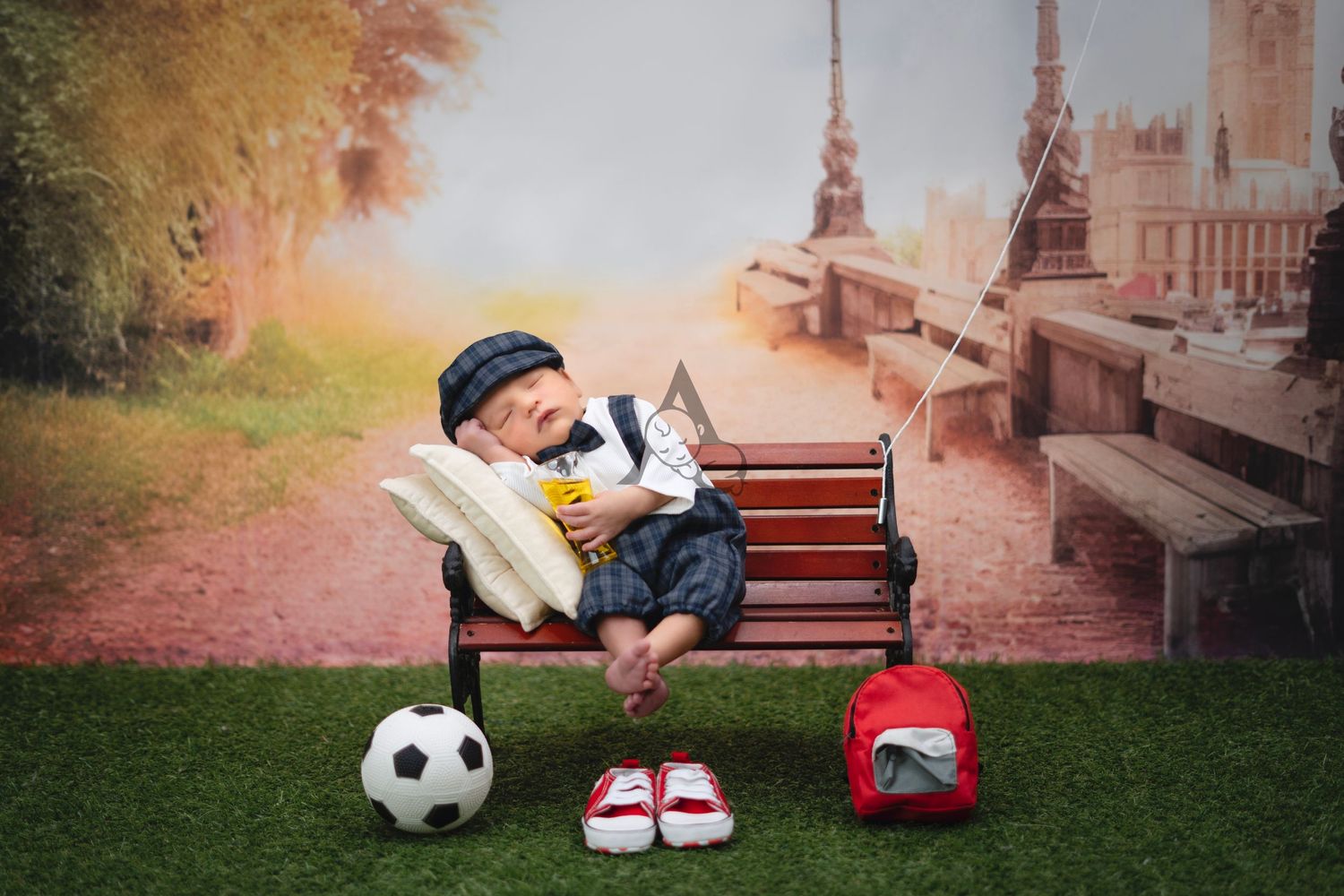 Park bench scene with soccer ball and red backpack against autumn backdrop.