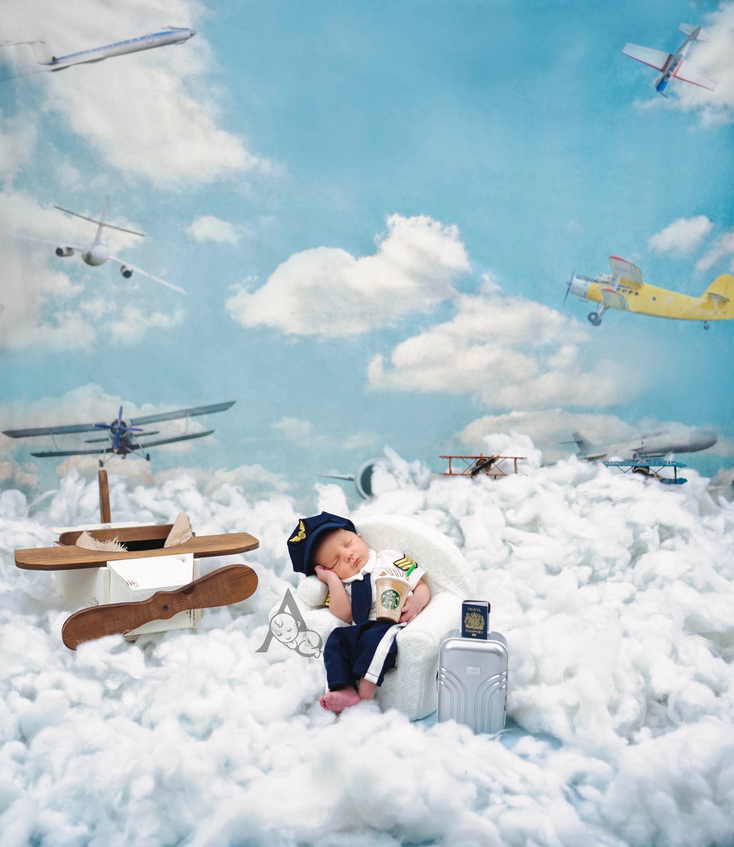 Whimsical cloud scene with vintage airplanes and travel luggage.