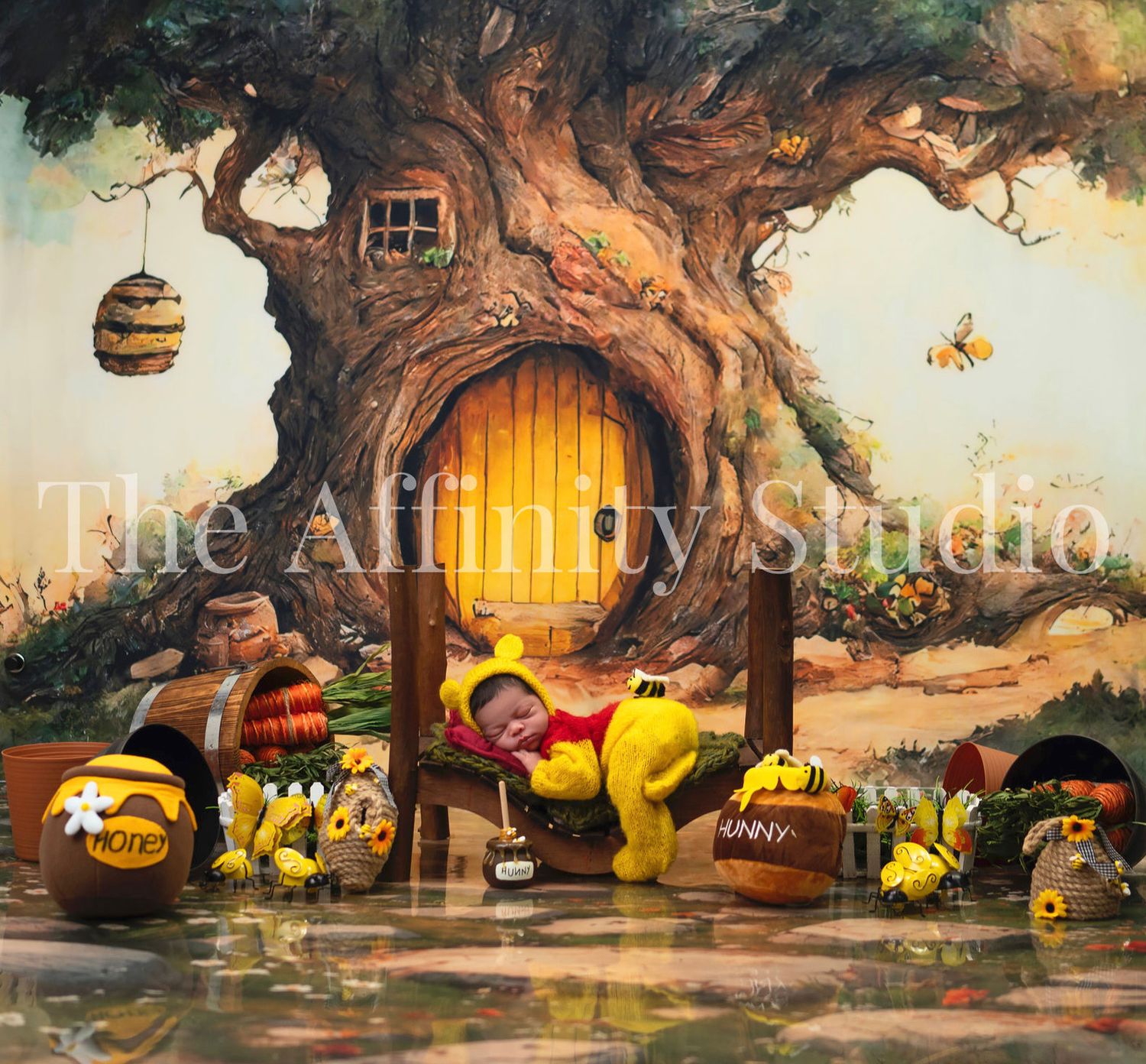 Whimsical fantasy treehouse illustration with glowing door and hanging lanterns reflecting on calm water at dusk.