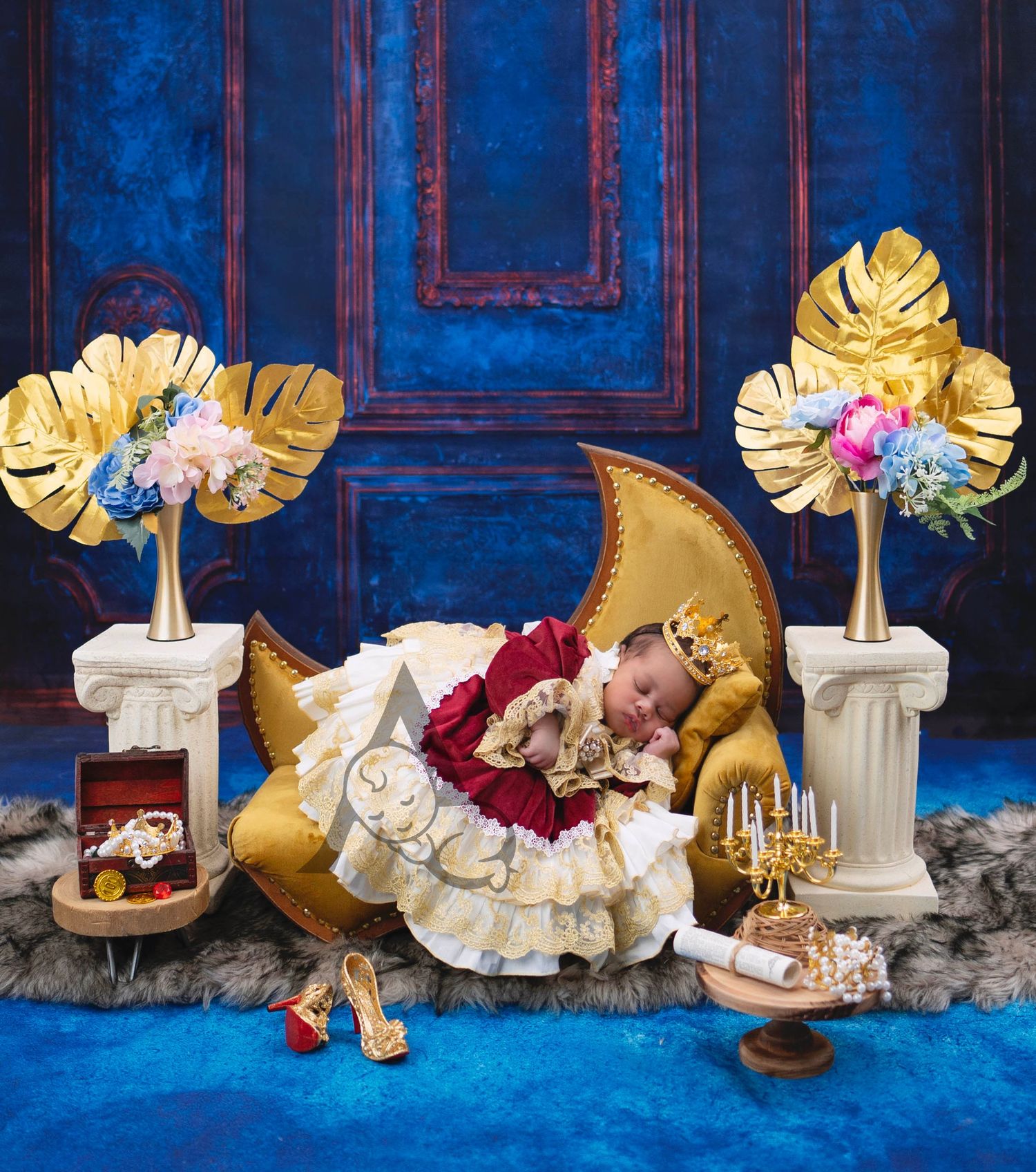 Sleeping infant in elegant gold and red setup with decorative gold leaves and luxurious blue backdrop.