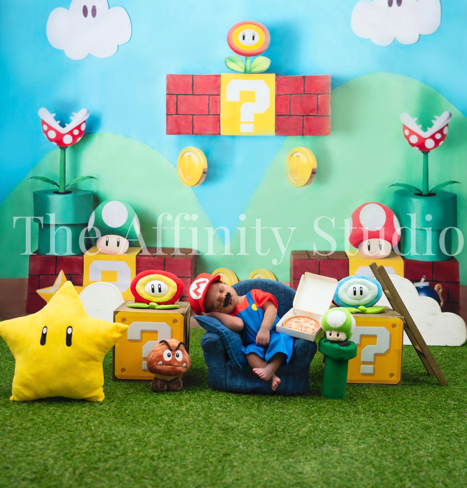 A colorful Super Mario themed photo backdrop with brick walls, piranha plants, question blocks, and plush game characters on grass.
