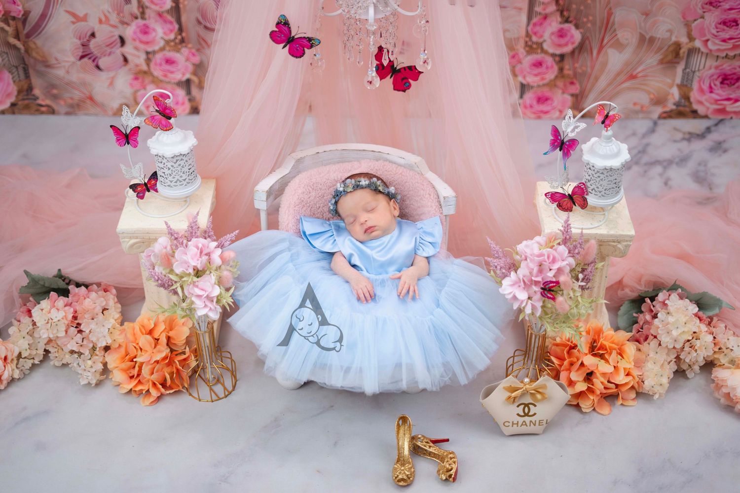 Sleeping baby in blue tulle dress under pink canopy with butterfly decorations.