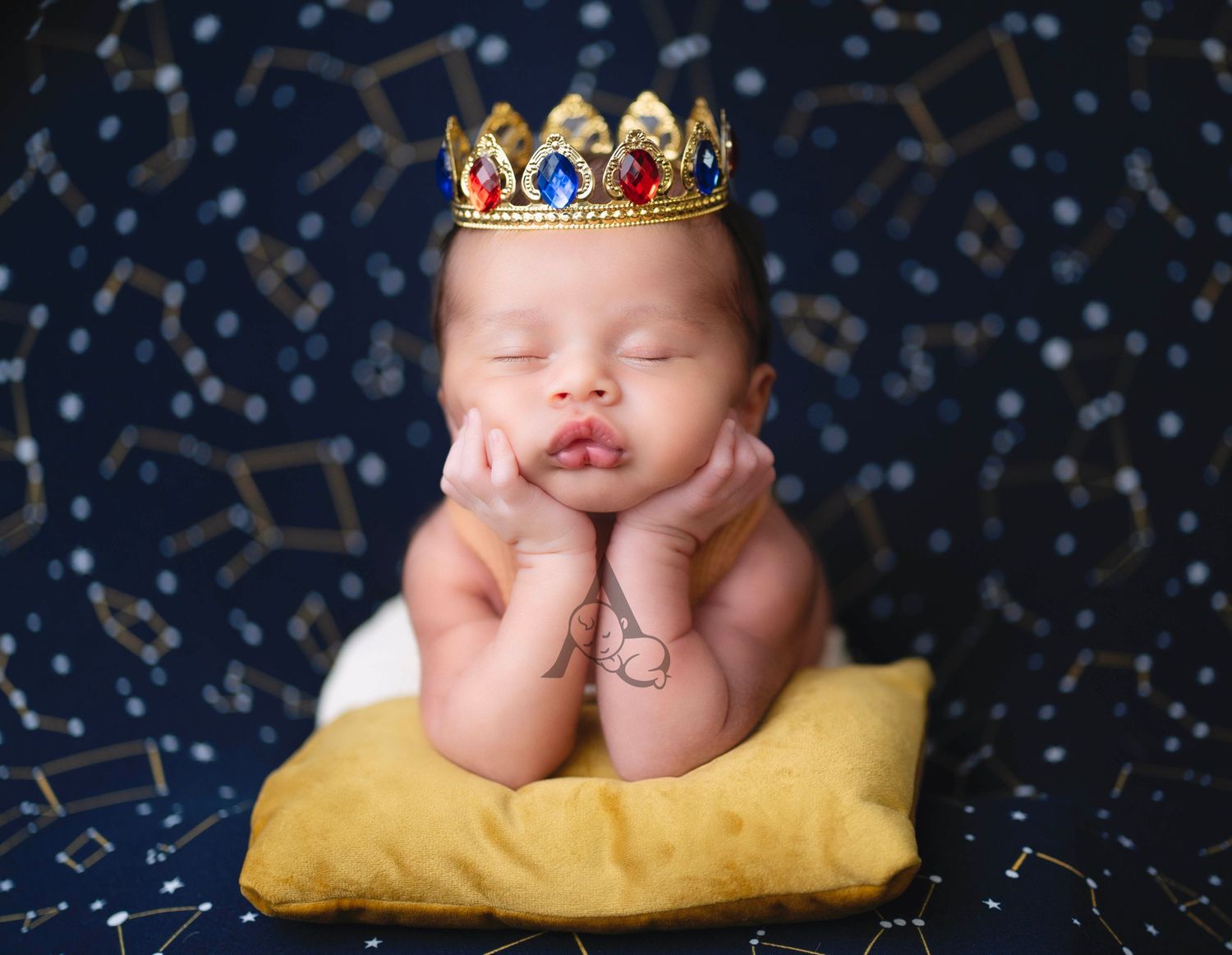 Sleeping newborn wearing jeweled crown on yellow cushion against starry blue backdrop.