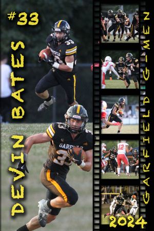 High school football player in black and yellow uniform carries ball with action shots on film strip border.