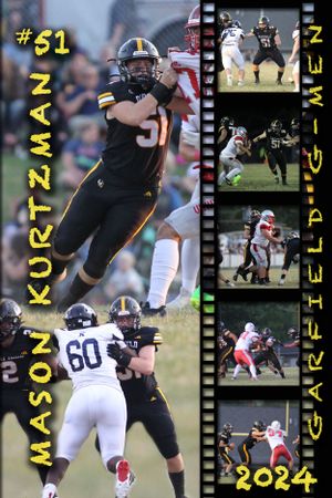 Football player in black and gold uniform leaps over defender during game with action shots on side panel.