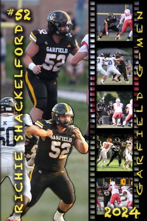 Football player number 52 in black Garfield uniform with action shots displayed in filmstrip style.