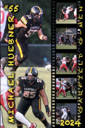 Football player number 55 in black and gold uniform with game action shots shown in film strip format.