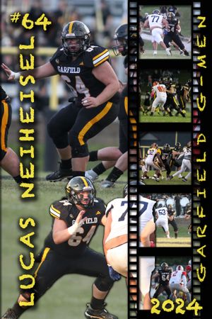 Player number 64 in black and gold football uniform with game action shots arranged in filmstrip style.