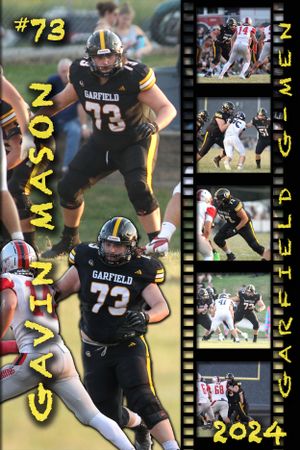 Football player number 73 in black Garfield uniform shown with action shots in film strip layout.