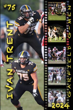 Player number 75 in black and gold uniform with football game highlights shown in filmstrip format.