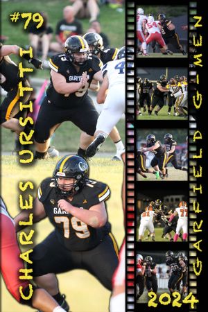 Football player number 79 in black uniform with game action shots displayed in film strip style.