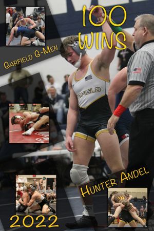 Wrestling photo collage celebrating 100 wins achievement with match action shots.