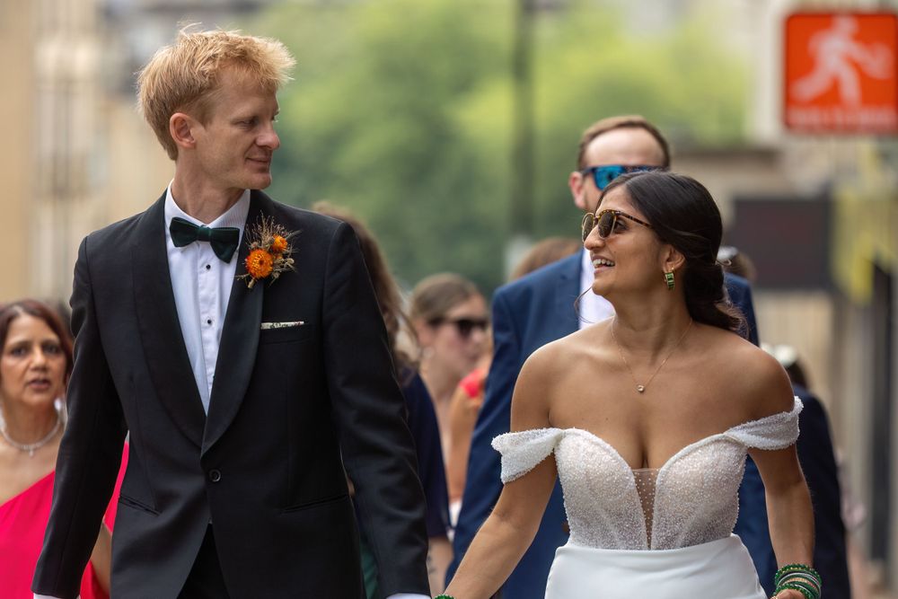 Bride and Groom walking up Park Street in Bristol