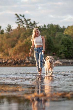 Blonde woman in jeans and crop top walking with a golden retriever through shallow water at sunset. Photo by Xenophon Photography in Maine.