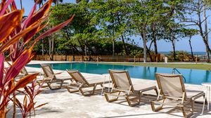 Lounge chairs beside a tropical outdoor pool surrounded by lush trees and vibrant red plants under a sunny sky.