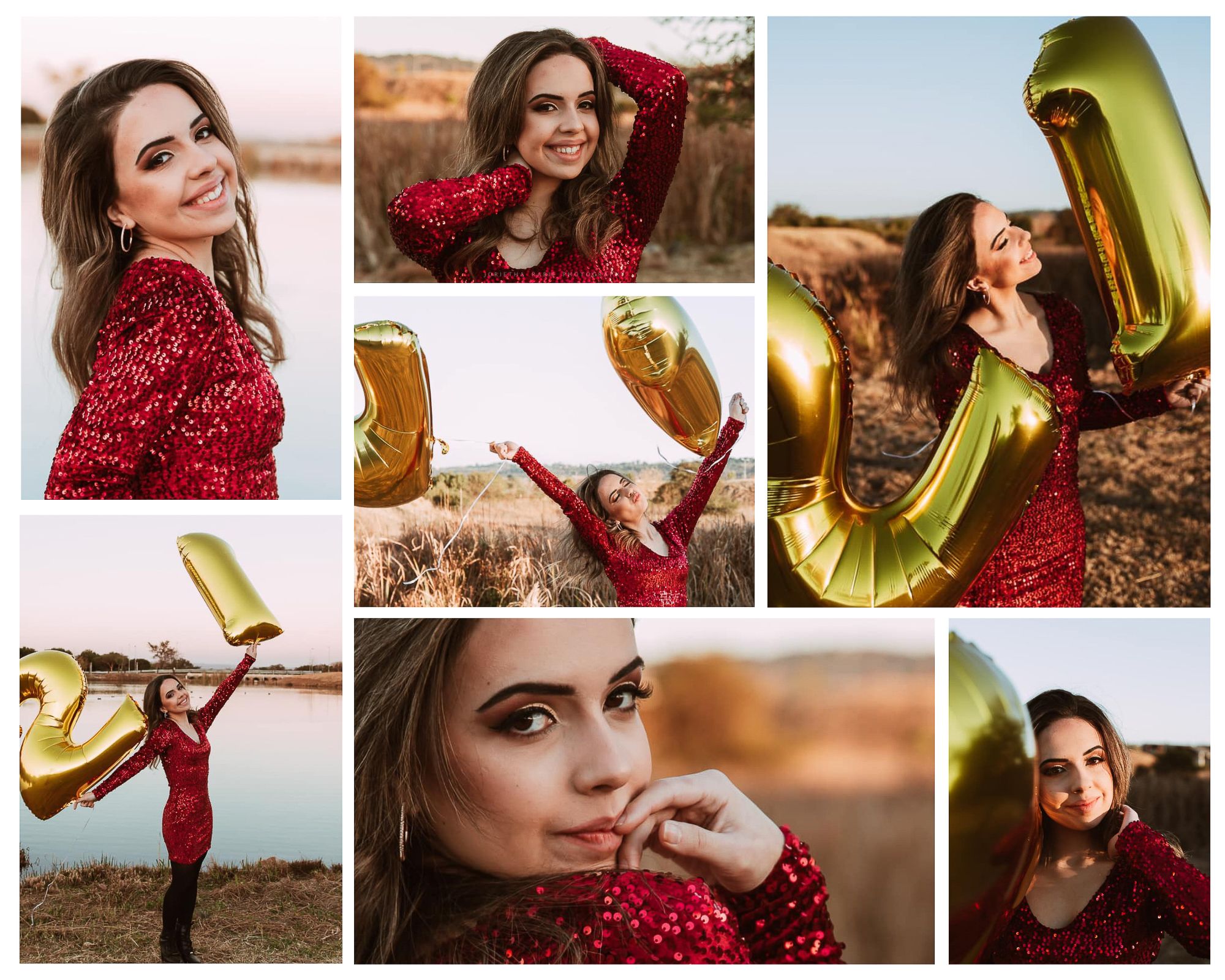 Woman in a red sequin dress celebrating her 21st birthday with an outdoor personal story photoshoot.