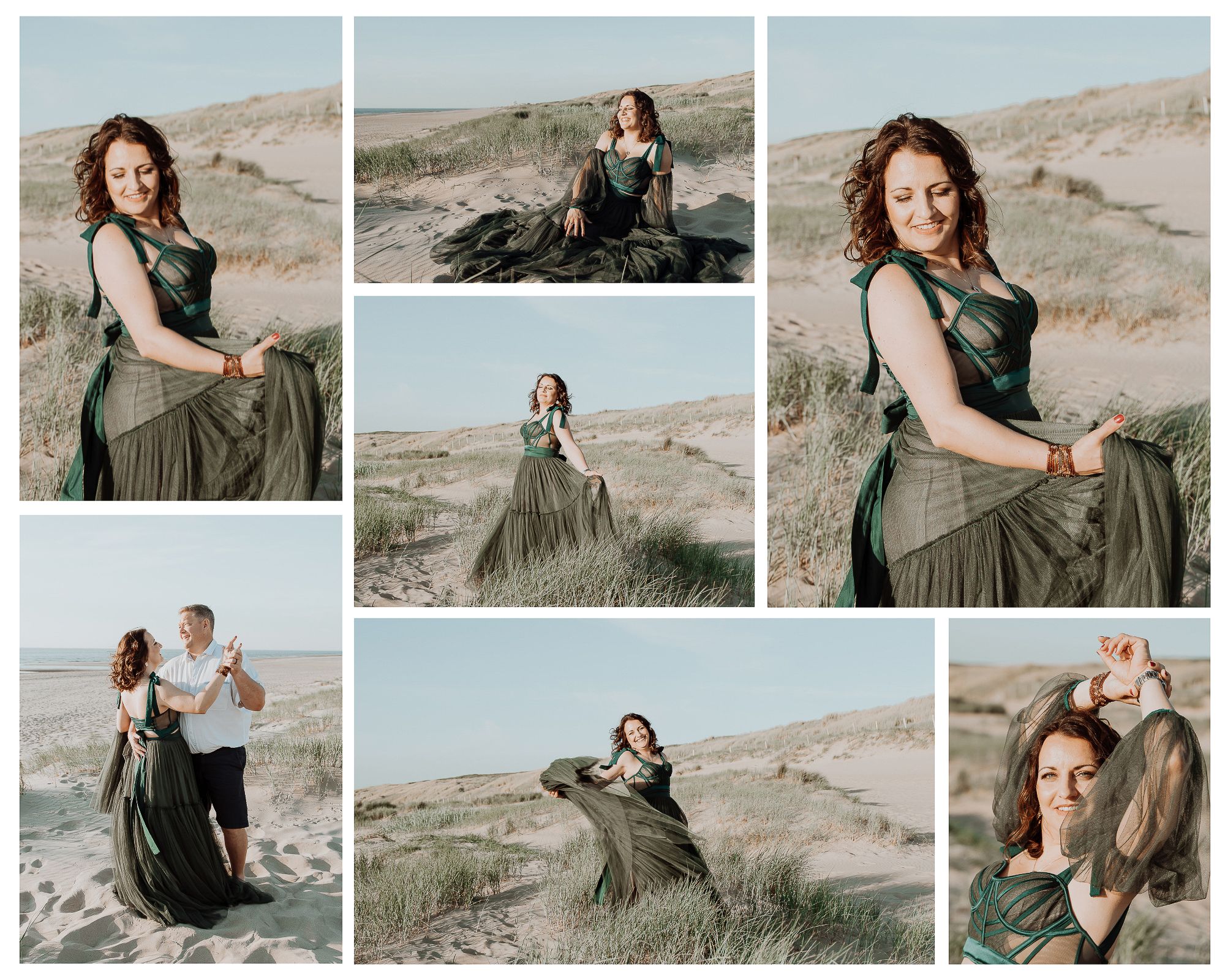Woman in a beautiful green dress celebrating her 40th birthday with a personal story photoshoot at Katwijk aan Zee.